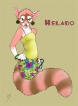 anthro bottomwear clothing ear_piercing female fur piercing pink_body pink_fur print skirt solo tail yellow_eyes nephilia seraph helado bassariscus cacomistle mammal procyonid