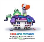 ambiguous_gender black_eyes clothing feral footwear green_body humor laundry laundry_basket pun simple_background smile sock_puppet socks solo tail_sock text visual_pun white_background piper_thibodeau loch_ness_monster 2016 digital_media_(artwork) digital_painting_(artwork) english_text shaded url