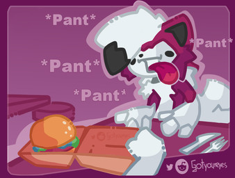 ambiguous_anthro ambiguous_gender anthro breath burger food panting solo text gotyoureyes nintendo pokemon canid canine generation_7_pokemon lycanroc mammal midnight_lycanroc pokemon_(species) english_text