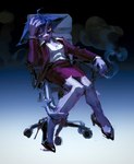 anthro bottomwear chair cigarette cigarette_smoke clothing female footwear fur furniture gradient_background hand_on_own_head high_heels holding_cigarette holding_object knock-kneed long_sleeves office office_clothing office_lady on_chair pencil_skirt pink_eyes purple_body purple_fur shirt shoes simple_background sitting sitting_on_chair skirt smoke smoking smoking_cigarette solo tail tired topwear white_clothing white_shirt white_topwear p0nyplanet domestic_cat felid feline felis mammal digital_media_(artwork) digital_painting_(artwork) hi_res painting_(artwork)