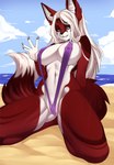 anthro areola big_breasts bikini breasts camel_toe clothed clothing female fur hair looking_at_viewer nipple_outline nipples one-piece_swimsuit partially_visible_vulva red_body red_fur skimpy sling_bikini solo spread_legs spreading swimwear two-piece_swimsuit white_body white_fur white_hair iwbitu naomi_fox canid canine fox mammal 2017 digital_media_(artwork) hi_res shaded