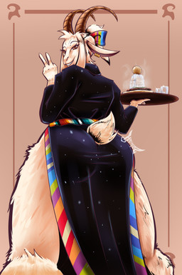 anthro big_ears clothing dress female fluffy food fur horn looking_at_viewer solo tail hazarts bovid caprine goat mammal absurd_res hi_res