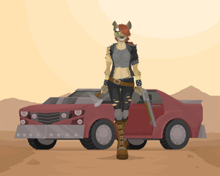 anthro axe belt boots bracelet breasts brown_hair car clothed clothing desert eyewear female footwear fur goggles green_eyes grin gun hair hair_over_eye jacket jewelry leather looking_at_viewer melee_weapon midriff one_eye_obstructed ranged_weapon shoes shotgun smile solo studs topwear torn_clothing vehicle weapon phlegraofmystery hyena mammal spotted_hyena