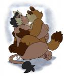 anthro beard duo eyes_closed facial_hair hug humanoid_hands kissing male male/male overweight overweight_male sitting tekimi angus_tanuki john_lion canid canine felid lion mammal pantherine raccoon_dog tanuki 2018