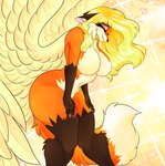 anthro bent_legs big_breasts blonde_hair blush breasts cheek_tuft claws eyeshadow facial_tuft feathered_wings feathers featureless_breasts female fluffy fluffy_tail fur giggle glistening glistening_body glistening_skin hair hands_on_legs hands_on_own_legs hands_on_own_thighs hands_on_thighs heart_reaction heart_symbol holding_both_legs holding_both_thighs knock-kneed laugh leaning_on_self legs_together makeup navel nude orange_body orange_fur outline_heart shy smile solo sparkles sparkling_background tail teeth teeth_showing tuft wings cassielink angel canid canine fox mammal absurd_res digital_media_(artwork) digital_painting_(artwork) hi_res