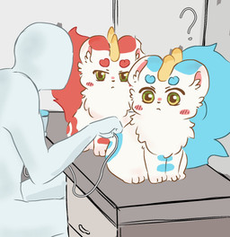 ambiguous_gender blue_body blue_fur curious faceless_character faceless_human fluffy fluffy_tail fur green_eyes group horn looking_at_another paws penetrable_sex_toy red_body red_fur round_ears sex_toy simple_coloring sitting tail trio white_body white_fur izih asian_mythology fabulous_beasts fenz_(studio) mythology bixie_(fabulous_beasts) tianlu_(fabulous_beasts) human mammal mythological_creature pixiu colored comic hi_res brother_(lore) brothers_(lore) sibling_(lore)