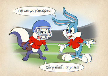 american_football anthro ball biped black_eyes blue_body blue_fur bottomless bottomless_female bottomless_male breasts clothed clothing countershade_face countershade_fur countershade_torso countershading day dialogue duo female football_helmet football_player football_uniform french_accent fur gridiron_ball male medium_breasts outside partially_clothed plantigrade purple_body purple_fur red_clothing shoulder_pads speech_bubble sport text white_body white_countershading white_fur young young_anthro young_female young_male minum tiny_toon_adventures warner_brothers buster_bunny fifi_la_fume lagomorph leporid mammal mephitid rabbit skunk 2026 absurd_res english_text hi_res