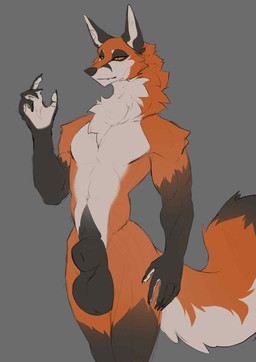 animal_genitalia anthro balls big_balls big_sheath biped black_body black_fur black_sheath claws countershade_torso countershading finger_claws fully_sheathed fur genitals grey_background male multicolored_body multicolored_fur orange_body orange_fur pupils red_eyes scrotum_flap sheath simple_background slit_pupils solo white_body white_fur yellow_sclera idrysse3 canid canine fox mammal 2026 digital_media_(artwork) hi_res portrait three-quarter_portrait