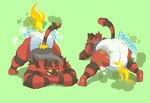 anthro ass-up clean_diaper clothed clothing diaper diaper_fetish diaper_only fart fart_cloud fart_fetish fur male simple_background smile solo tail topless wearing_diaper poofypludo nintendo pokemon generation_7_pokemon incineroar pokemon_(species) digital_media_(artwork) hi_res multiple_images