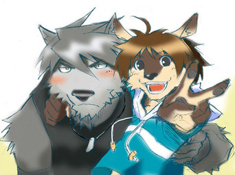 5_fingers anthro arm_around_neck black_nose blush brown_body brown_fur brown_hair clothed clothing countershade_face countershading dog_tags duo fingers frown fur gesture grey_body grey_fur grey_hair hair hand_gesture hoodie kemono male open_mouth open_smile smile topwear v_sign yellow_eyes young toratorayatora morenatsu kouya_(morenatsu) shun_(morenatsu) canid canine canis domestic_dog husky mammal nordic_sled_dog spitz wolf 2009