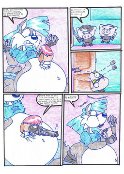 anthro belly big_belly blue_clothing blue_hair blue_shirt blue_topwear clothing female female_pred group gun hair inside male oral_vore overweight ranged_weapon shirt speech_bubble text topwear vore weapon virus-20 wendy_wolf_(virus-20) canid canine canis domestic_dog domestic_pig mammal suid suine sus_(pig) wolf 2008 comic traditional_media_(artwork)