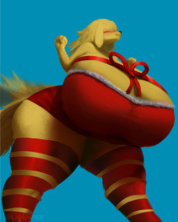 5_fingers anthro big_breasts black_nose blonde_hair blue_background blush breasts clothing female female_anthro fingers fur hair hair_over_eyes holidays huge_breasts hyper hyper_breasts legwear red_clothing simple_background solo text yellow_body yellow_fur liodimor christmas canid canine canis domestic_dog mammal 2025 4:5 absurd_res artist_name hi_res