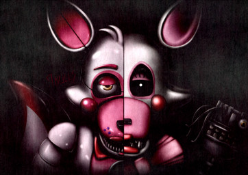 anthro black_background front_view looking_at_viewer machine open_mouth sharp_teeth simple_background solo split_screen teeth teeth_showing five_nights_at_freddy's five_nights_at_freddy's_2 scottgames sister_location funtime_foxy_(fnaf) mangle_(fnaf) animatronic canid canine fox mammal robot 2016 dark_theme digital_media_(artwork) digital_painting_(artwork) painting_(artwork) restricted_palette shaded soft_shading