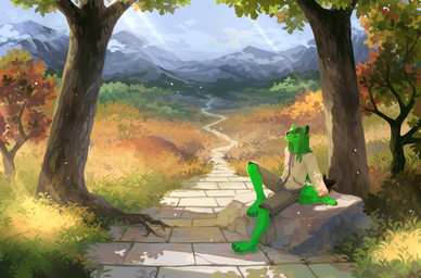 anthro barefoot clothed clothing feet fur grass green_body green_eyes green_fur green_hair hair jacket leaning leaning_backward light light_beam male mountain outside plant rock sitting sky solo sunbeam sunlight tan_clothing tan_jacket tan_topwear three-quarter_view topwear tree unsigned corzh77 canid canine canis mammal wolf absurd_res full-length_portrait hi_res portrait