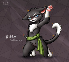 abstract_background anthro arm_tuft black_body black_fur blue_eyes blush bodily_fluids bottomless cheek_tuft chest_tuft clenched_teeth clothed clothing crotch_tuft elbow_tuft embarrassed eyebrows facial_tuft featureless_crotch female fluffy fur fuzzy head_tuft kneeling looking_at_viewer melee_weapon mostly_nude motion_lines narrowed_eyes naturally_censored one_ear_up pawpads raised_arm sash shy solo sweat sword tail teeth text topless tuft weapon whiskers nightfury2s dreamworks puss_in_boots_(franchise) kitty_softpaws domestic_cat felid feline felis mammal tuxedo_cat hi_res