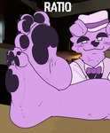 anthro blush blush_lines bow_tie canid canine canis claws clothing domestic_dog dragotrashcan feet foot_focus fur hat headgear headwear humanoid_feet lol_comments male mammal pawpads paws photo_background photography_(artwork) plantigrade purple_body purple_fur ratio_(meme) reaction_image smug_expression solo suit toe_claws uhyeah