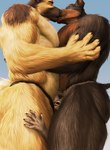 5_fingers anthro blue_background brown_body brown_fur detailed_fur eyes_closed fingers fur group group_sex hug humanoid_hands kissing male male/male manwiched pinned sandwiched sex simple_background size_difference smothering tan_body tan_fur threesome allandox butch_doggo faun_(aztraex) kaine_lewis canid canine canis dobermann domestic_dog german_shepherd herding_dog mammal pastoral_dog pinscher 2021 absurd_res detailed hi_res