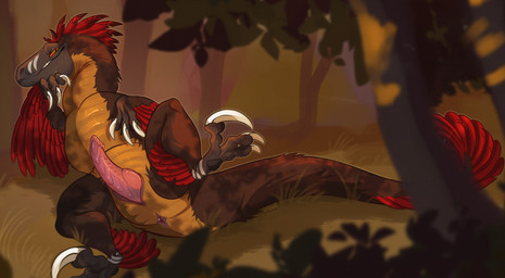 animal_genitalia anus brown_body brown_feathers claws detailed_background erection eye_scar facial_scar feathers feral genital_slit genitals grass male male_feral multicolored_body orange_body orange_sclera penis pink_penis plant red_body red_feathers scar sharp_teeth solo teeth tree white_claws owishka dinosaur dromaeosaurid prehistoric_species reptile saurischian scalie theropod hi_res