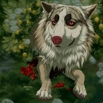 ambiguous_gender berry feral food fruit fur grass lips looking_at_viewer lying mouth_closed on_front plant red_eyes red_lips red_nose red_sclera shrub solo tan_body tan_fur text white_body white_fur msdeadsoul canid canine mammal 1:1 2022 artist_name dated english_text hi_res