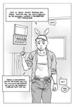 anthro baseball_cap belt bottomwear clothing collarbone denim denim_bottomwear denim_clothing dialogue hair hat headgear headwear jeans male pants shirt solo speech_bubble t-shirt text topwear 1p3p3nis hare_(1p3p3nis) hare lagomorph leporid mammal absurd_res english_text hi_res monochrome