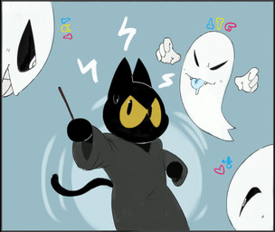 ambush anthro bodily_fluids group male male/male surprised sweat wand worried petbasilisk google google_doodle magic_cat_academy momo_(google) domestic_cat felid feline felis ghost mammal spirit hi_res