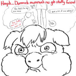 ambiguous_feral ambiguous_gender angry bodily_fluids bottomwear clothed clothed_human clothing dialogue duo female female_human feral hair inner_monologue mostly_offscreen_character mouth_closed skirt tail tears text thinking thought_bubble yellowcottoncandy030 fluffy_pony fluffy_pony_(species) human mammal 1:1 2025 broken_language digital_drawing_(artwork) digital_media_(artwork) english_text hi_res spot_color