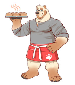 anthro apron bread brown_body brown_fur clothing eyewear food fur glasses humanoid_hands male shirt simple_background solo topwear white_background adios bear mammal polar_bear ursine 2020 absurd_res hi_res