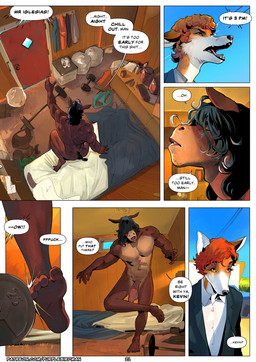 anthro bag bed big_penis black_hair brown_body clothes_on_floor dialogue duo furniture genitals hair hair_over_eye hair_over_eyes horse_ears horse_tail larger_male living_room long_hair male muscular muscular_male nude nude_male open_mouth penis red_door red_hair size_difference solo speech_bubble stubble tall text tired trailer_(vehicle) trash_bag weights yelling yelling_at_another yellow_eyes purplebirdman ricky_(purplebirdman) canid canine equid equine fox horse mammal 2025 comic shaded