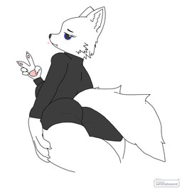 1_eye anthro belt belt_buckle big_breasts blue_eyes bottomwear breasts buckle butt clothed clothing denim denim_bottomwear denim_clothing denim_shorts ear_hair ears_up exclamation_point feet female fingers fluffy fluffy_tail fur hair hair_over_eye longsleeve looking_at_viewer nails raised_tail shorts simple_background smile solo sweater tail text topwear white_belt white_body white_fur whiteboard_(jamspace) katalhoy siberia_(katalhoy) canid canine fox mammal 2025 absurd_res digital_media_(artwork) hi_res