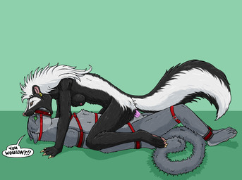 ambiguous_penetration animal_genitalia anthro anthro_on_anthro anthro_penetrated anthro_penetrating anthro_penetrating_anthro anthro_pred anthro_prey balls bdsm black_body black_fur bondage bound breasts dialogue dominant dominant_female duo ear_piercing ear_ring erection female female_anthro female_penetrated female_pred fluffy fluffy_tail from_front_position fur genitals green_background green_eyes grey_eyes head_first interspecies lying male male/female male_anthro male_penetrating male_penetrating_female male_prey muzzle_(object) muzzled nipples nude on_back oral_vore partially_inside penetration penile penile_penetration penis piercing reverse_missionary_position ring_piercing same_size_vore sex sheath simple_background speech_bubble submissive submissive_male tail text vore white_body white_fur strega onyx_(strega) felid mammal mephitid skunk absurd_res english_text hi_res