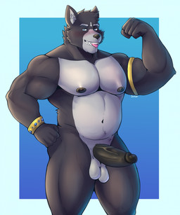 anthro areola armband armlet balls barazoku bedroom_eyes biceps biped bite blue_border blue_eyes blush border bracelet deltoids erection facial_piercing facial_tuft flexing flexing_bicep front_view fur genitals glans gold_(metal) gold_jewelry gradient_background grey_body grey_fur humanoid_genitalia humanoid_penis jewelry lip_piercing looking_at_viewer male musclegut muscular muscular_anthro muscular_arms muscular_legs muscular_male narrowed_eyes nipples nude_anthro nude_male pecs penis piercing pose quads seductive simple_background solo stocky text thick_penis tongue tongue_bite tongue_out trapezius triceps tuft vein veiny_penis wristband darolion adastra adastra_(series) echo_project amicus_(adastra) canid canine canis mammal wolf 2023 artist_name colored hi_res portrait shaded three-quarter_portrait