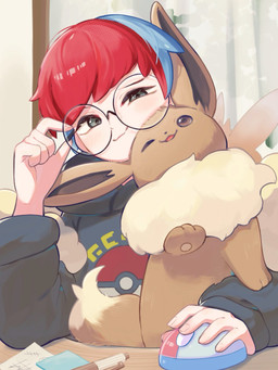 ambiguous_gender blue_hair blush blush_lines brown_body brown_eyes brown_fur computer_mouse duo eyewear female feral fur glasses grey_eyes hair looking_at_viewer multicolored_hair narrowed_eyes one_eye_closed open_mouth pawpads paws pen_(object) red_hair two_tone_hair harumomo122 nintendo pokemon penny_(pokemon) eevee generation_1_pokemon human mammal pokemon_(species) 2025 3:4 hi_res