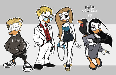 anthro black_clothing black_footwear black_shoes blue_clothing blue_shirt blue_tank_top blue_topwear bottomwear bow_tie clothed clothed_anthro clothed_female clothed_male clothing dress eyewear female feral footwear fully_clothed fully_clothed_anthro fully_clothed_female fully_clothed_male glasses group hair hand_in_pocket high_heels jacket jewelry light mafia male male_anthro necklace pants pockets pose purse ring shirt shoes sneakers suit tank_top text topwear white_bottomwear white_clothing white_pants white_suit selinaeagle disney gladstone_gander gyro_gearloose kay_k magica_de_spell anatid anseriform avian bird duck 2023 absurd_res colored digital_drawing_(artwork) digital_media_(artwork) english_description hi_res lighting signature