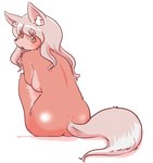 anthro back_boob breasts butt female fur hair kemono nude open_mouth pink_hair rear_view red_body red_fur simple_background sitting solo white_background yellow_eyes kin-shun canid canine mammal 2017