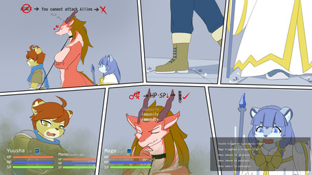 anthro big_breasts blue_eyes breasts clothing collar dress featureless_breasts female footwear fur gameplay_mechanics gloves group gui hair handwear health_bar horn knight leash long_hair magic_user male nude paralysis red_body red_fur scarf shoes smile staff stamina_bar tail text trap_(contrivance) trio walking warrior treyer mythology mahoutsukai_(treyer) maou_(treyer) yussha_(treyer) dragon felid lion mammal mythological_creature mythological_scalie pantherine scalie snow_leopard 2023 absurd_res comic digital_drawing_(artwork) digital_media_(artwork) hi_res translated