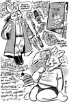anthro aroused bulge cake candy casual_clothing dessert dialogue eating food gender_symbol gum kneeling looking_at_porn magazine magic_user magic_wand male pen porn_magazine pornography slightly_chubby slightly_chubby_anthro slightly_chubby_male speech_bubble stated_sexuality symbol text lenny_(artist) joule_(lenny) lagomorph leporid mammal rabbit 2024 comic english_text hi_res model_sheet monochrome