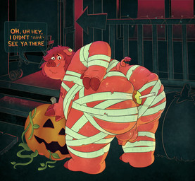 anthro apple balls big_butt butt candy candy_apple curled_tail dessert food fruit fur genitals hand_on_butt hooves livestock_tag male mummy_costume mummy_wrappings obese obese_male overweight overweight_male penis plant pumpkin red_body red_fur solo speech_bubble tail rigbylaveur ody_(character) domestic_pig duroc_pig mammal suid suine sus_(pig) hi_res