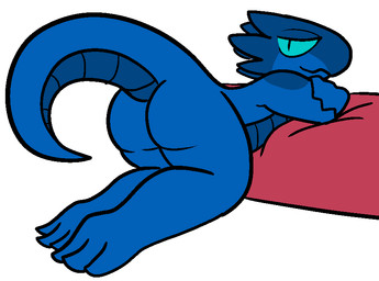 all_fours anthro bent_over blue_body blue_scales blue_sclera butt cushion female looking_back nude presenting presenting_hindquarters pupils scales simple_background slit_pupils smile solo white_background trout_(artist) lolori kobold reptile scalie 2017 aliasing digital_media_(artwork) flat_colors