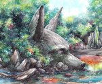 forest lake liana_(plant) plant pond rock ruins sculpture statue tree zero_pictured elkir canid canine fox mammal absurd_res hi_res huge_filesize painting_(artwork) tagme traditional_media_(artwork) watercolor_(artwork)