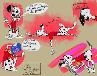 black_body black_fur black_spots box_on_head clothing feral fur holding_melee_weapon holding_object holding_sword holding_weapon male melee_weapon red_clothing red_shirt red_t-shirt red_topwear shirt sleeping solo speech_bubble spots sword t-shirt text topwear weapon white_body white_fur white_spots wanderer-w0olf 101_dalmatian_street 101_dalmatians disney dylan_(101_dalmatians) canid canine canis dalmatian domestic_dog mammal 2026 hi_res spanish_description spanish_text