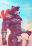 5_fingers abs anthro black_nose clothing fingers male melee_weapon muscular muscular_anthro muscular_male nipples pecs solo sword underwear weapon hanukami the_boy_and_the_beast kumatetsu bear mammal absurd_res hi_res