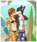 accessory anthro anthro_on_anthro beach belly bikini biped black_body black_fur border breasts brown_hair clothed clothing countershade_face countershade_torso countershading day detailed_background duo eyebrows eyes_closed female flower flower_in_hair fur hair hair_accessory kiss_on_lips kissing long_hair male male/female navel orange_body orange_fur outside palm_tree plant romantic romantic_couple sand sea seaside skimpy sky stripes surfboard surfer swimwear tail topless tree tropical two-piece_swimsuit vehicle water watercraft white_belly white_border jailbird boris_(boris) josepaw_(character) canid canine canis domestic_dog felid husky mammal nordic_sled_dog pantherine spitz tiger 2008 digital_media_(artwork) shaded