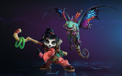 antennae_(anatomy) anthro bangs black_body black_fur black_hair clothing duo female feral flying footwear fur green_body green_eyes hair multicolored_body multicolored_fur plantigrade ponytail pose sandals scroll shoes staff star synthwave tail tongue tongue_out two_tone_body two_tone_fur white_body white_fur wings young young_anthro luke_mancini wanmin_gee blizzard_entertainment heroes_of_the_storm mythology warcraft brightwing li_li_stormstout bear dragon fairy_dragon giant_panda mammal mythological_creature mythological_scalie pandaren scalie 16:10 2014 digital_media_(artwork) hi_res official_art widescreen