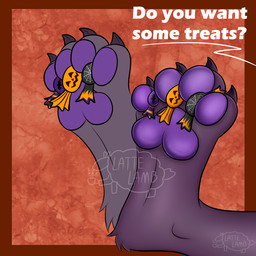 anthro candy claws dessert feet food food_fetish food_play foot_fetish holidays male pawpads paws solo text lattelamb halloween canid canine mammal 1:1 absurd_res english_text hi_res
