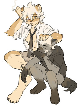 anthro anthro_on_anthro bulge cheek_tuft cigarette clothed clothing countershade_face countershading duo eyes_closed facial_tuft fur grey_body grey_fur hair hand_on_head holding_cigarette holding_object kemono male necktie open_clothing open_shirt open_topwear shirt simple_background smoking tan_body tan_fur topwear tuft white_background white_clothing white_hair white_shirt white_topwear milkybot felid hyena lion mammal pantherine 2022 absurd_res hi_res