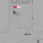 anthro bathroom blush bodily_fluids clothing clothing_aside crying embarrassed genital_fluids male omorashi solo tears underwear undressing urine watersports wetting kyain dinosaur lizard prehistoric_species reptile scalie 1:1 absurd_res greyscale hi_res monochrome sketch