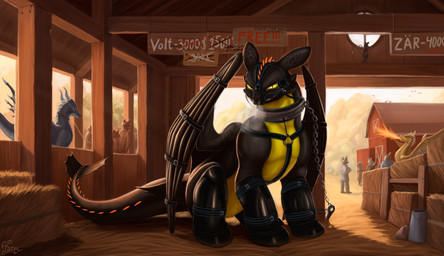 auction bdsm belt black_body bondage bound chain chained clothing crowd farm feral footwear group hey latex leash looking_at_viewer male multicolored_body petplay ponyplay quadruped restraints roleplay shed silhouette sky solo stable steam tail wings bzew dreamworks european_mythology how_to_train_your_dragon mythology volt_(tehdragonborn) dragon fury_(httyd) mammal mouse murid murine mythological_creature mythological_scalie night_fury rodent scalie western_dragon absurd_res hi_res