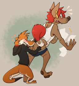 anthro balls blush bottomless brown_body brown_fur butt butt_sniffing clothed clothing duo ear_piercing fur genitals hair hand_on_butt hoodie hoodie_only male male/male orange_body orange_fur partially_clothed piercing red_hair size_difference sniffing tail topwear topwear_only underwear underwear_down concupisco aeria_(concupisco) stoaty canid canine mammal mustelid musteline stoat true_musteline weasel digital_media_(artwork)