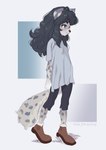 anthro arms_down black_hair boots breasts clothing dress female fluffy_ears footwear gown hair medium_hair shirt shoes small_breasts solo tail topwear wavy_hair butterchalk fan_character melle felid mammal pantherine snow_leopard 2023 hi_res