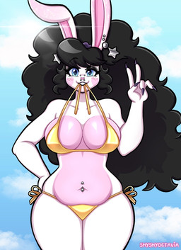 alternative_fashion anthro belly belly_overhang big_breasts big_hair bikini biped black_eyeshadow black_hair blue_eyes breasts buckteeth clothed clothed_anthro clothed_female clothing countershade_breasts countershade_torso countershading eyebrows eyeshadow facial_markings facial_piercing female female_anthro gesture glistening glistening_breasts gold_bikini gold_swimwear goth hair hand_gesture hand_on_leg hand_on_own_leg hand_on_own_thigh hand_on_thigh head_markings heart_(marking) long_hair looking_at_viewer makeup markings multicolored_body navel navel_piercing nose_piercing nose_ring piercing pink_body pink_countershading raised_eyebrow ring_piercing side-tie_bikini solo standing string_bikini swimwear teeth text thick_thighs two-piece_swimsuit two_tone_body v_sign white_body shyshyoctavia golden_week cupcake_(shyshyoctavia) lagomorph leporid mammal rabbit 2025 artist_name digital_drawing_(artwork) digital_media_(artwork) hi_res